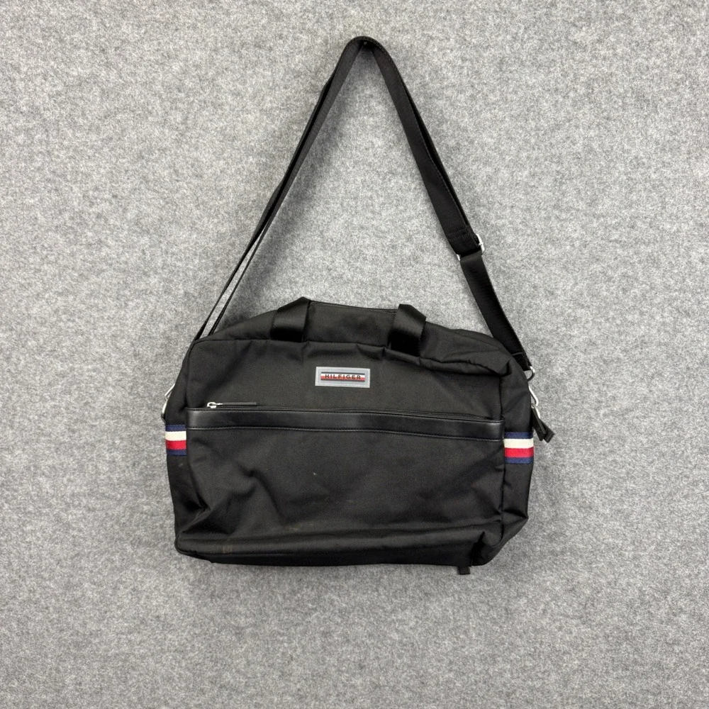 Tommy Hilfiger Mens Black Canvas Messenger Bag Laptop Crossbody Stripe Accent